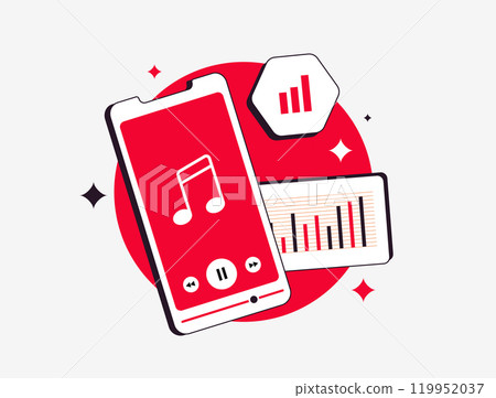 Music data analytics illustration showing trends in streaming, user insights and performance metrics. Analyzing listener behavior, boosting engagement and optimizing music marketing strategies 119952037