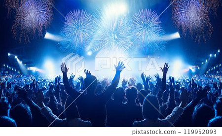 The backs of a large audience gathered at an outdoor concert venue at night and fireworks The backs of a large audience gathered at an outdoor concert venue at night and fireworks 119952093