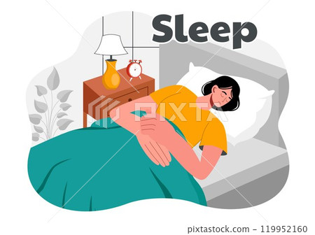 Sleep Vector Illustration of a Happy Young Person Soundly Sleeping and Enjoying Sweet Dreams in a Healthcare Flat Style Cartoon Background 119952160
