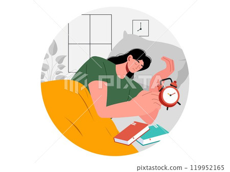 Sleep Vector Illustration of a Happy Young Person Soundly Sleeping and Enjoying Sweet Dreams in a Healthcare Flat Style Cartoon Background 119952165