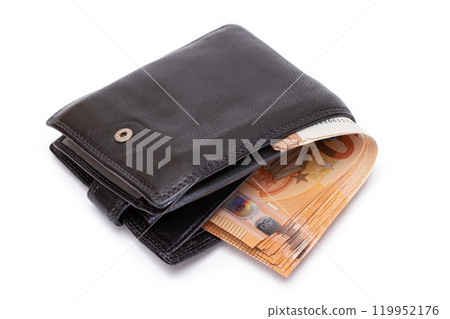Black Leather Men Wallet with Fifty Euro Banknotes Inside - Isolated on White Black Leather Men Wallet with Fifty Euro Banknotes Inside - Isolated on White 119952176