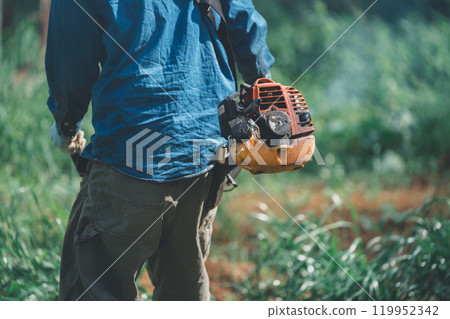 一名男子用引擎驅動的割灌機割草 119952342