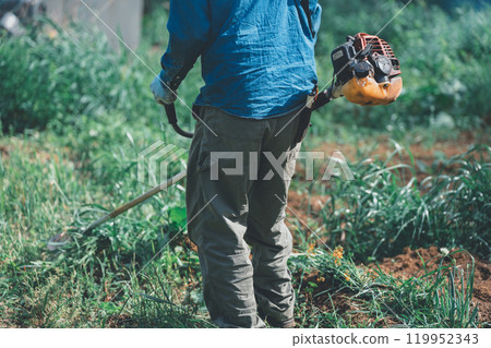 A man mowing the grass with an engine-powered lawnmower 119952343