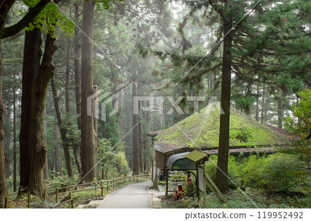 World Heritage Site Chusonji Temple, Tsukimizaka, A quiet autumn morning shrouded in mist, Iwate Prefecture 119952492