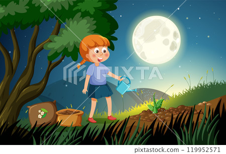 Girl Watering Plants Under Moonlight 119952571