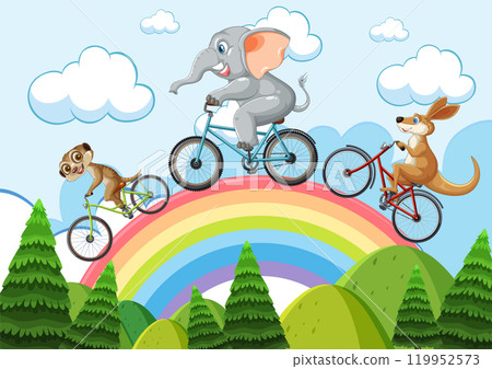 Animals Cycling Over a Rainbow Animals Cycling Over a Rainbow 119952573