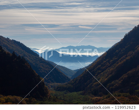 Autumn sky and autumn foliage on the mountain ranges, Nagano Prefecture Autumn sky and autumn foliage on the mountain ranges, Nagano Prefecture 119952623