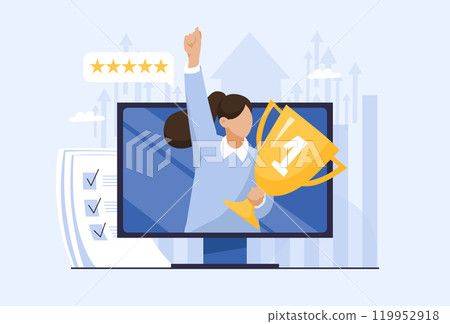Businesswoman with winning cup on monitor screen, success and victory concept, remote online contest, exams, competition. Flat vector illustration. Businesswoman with winning cup on monitor screen, success and victory concept, remote online contest, exams, competition. Flat vector illustration. 119952918