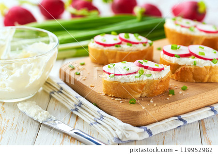 Light healthy diet snacks with crispy baguette , soft cheese and freshly gathered organic radishes and chives. 119952982
