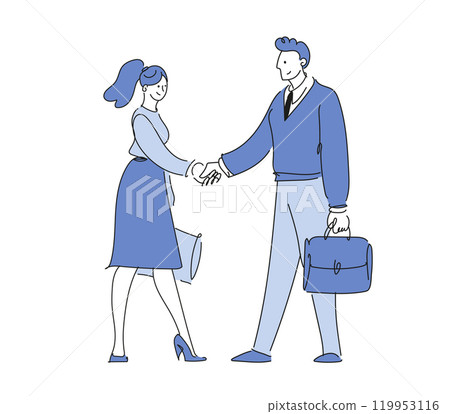 Businessmen shaking hands, man and woman made a business deal, negotiation concept, contract conclusion, successful cooperation, teamwork. Flat vector illustration. 119953116