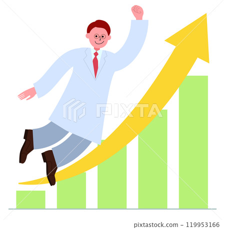 右肩上升的長條圖和一個穿著白大褂的男子舉起拳頭漂浮在空中的插圖 119953166