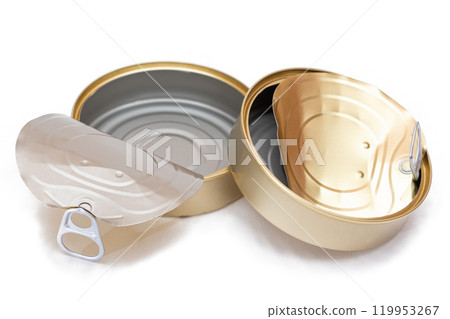 Two Opened Empty Tin Cans With Broken Cover Isolated on White Background 119953267