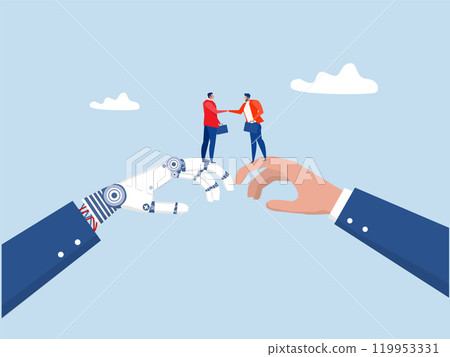 businessman Partnership with ai, teamwork or collaboration to success, agreement or solution to win corporate trust, cooperation concept, businessman handshake connect robot together. businessman Partnership with ai, teamwork or collaboration to success, agreement or solution to win corporate trust, cooperation concept, businessman handshake connect robot together. 119953331