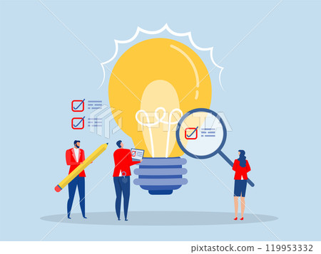 Business people with magnifier analyze business light bulb idea concept ,validate idea by market research to see possibility to success, evaluate profitable of business idea, vector illustration 119953332