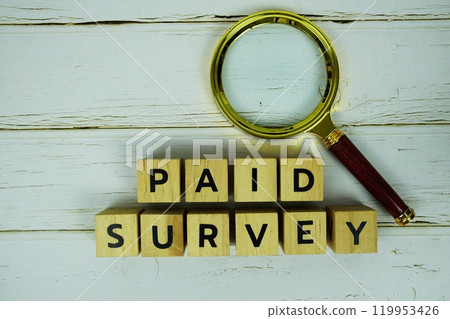 Paid Survey with wooden blocks alphabet letters and magnifying glass top view on wooden background Paid Survey with wooden blocks alphabet letters and magnifying glass top view on wooden background 119953426