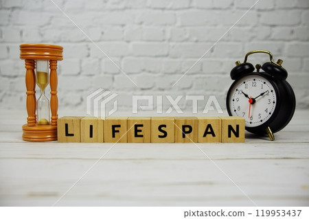 Lifespan with wooden blocks alphabet letters and alarm clock on wooden background Lifespan with wooden blocks alphabet letters and alarm clock on wooden background 119953437