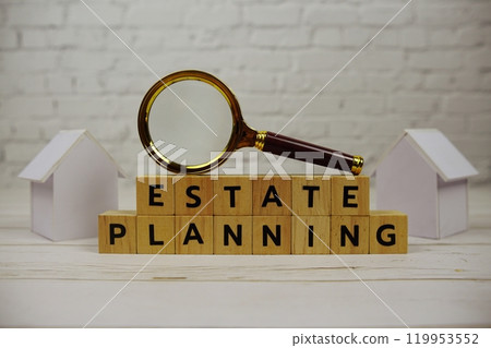 Estate Planning with wooden blocks alphabet letters and magnifying glass and white Estate Planning with wooden blocks alphabet letters and magnifying glass and white 119953552