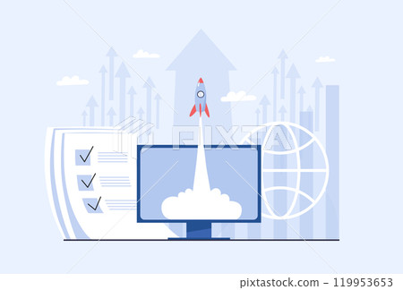 Rocket takes off from computer screen. Startup concept, success and business growth, successful solutions and financial profit, digital online work. Flat cartoon vector. Rocket takes off from computer screen. Startup concept, success and business growth, successful solutions and financial profit, digital online work. Flat cartoon vector. 119953653