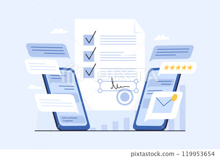 Two phones with correspondence and a contract with a signature. Online business negotiations concept, modern business deals, flat vector illustration. 119953654