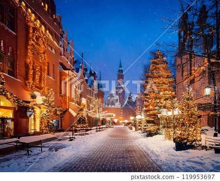 Background image of a night cityscape with beautiful Christmas decorations Background image of a night cityscape with beautiful Christmas decorations 119953697