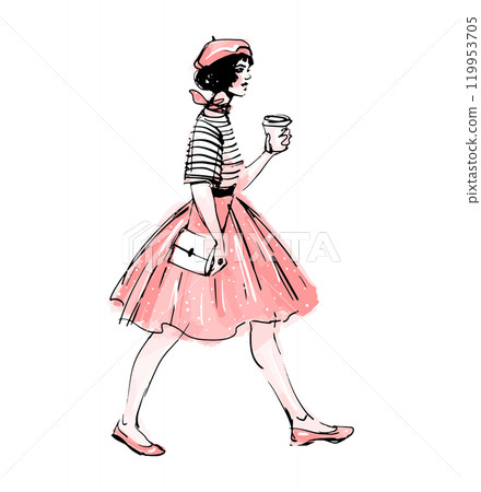 Walking Fashionable young French woman with a glass of coffee. Girl in a tutu skirt, beret and striped shirt. Modern fashion sketch illustration in line and watercolor, vector isolated on white. Walking Fashionable young French woman with a glass of coffee. Girl in a tutu skirt, beret and striped shirt. Modern fashion sketch illustration in line and watercolor, vector isolated on white. 119953705