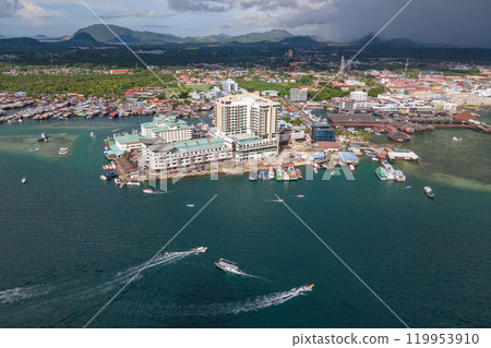 Aerial drone view of Semporna, Sabah district, Malaysia, Borneo island 119953910