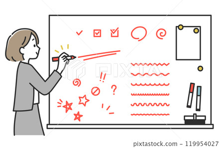 A set of a business woman in a suit writing and explaining on a whiteboard and a decoration A set of a business woman in a suit writing and explaining on a whiteboard and a decoration 119954027