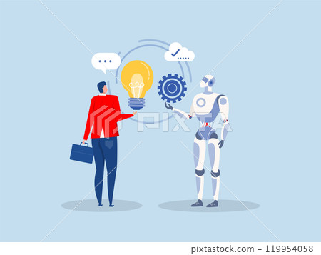 Artificial intelligence and machine learning.Man talking to robot. Conversation between man and artificial intelligence Virtual helper and assistant. vector illustration 119954058