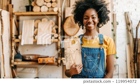 Confident craftsperson in workshop holding wooden piece with natural smile Confident craftsperson in workshop holding wooden piece with natural smile 119954072