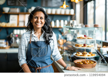Smiling woman in apron at bakery counter surrounded by pastries and warm lighting 119954094