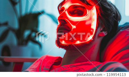 Relaxed man using red led light therapy mask for skincare and wellness.  119954113