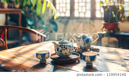 Sunlit ceramic tea set on wooden table in serene indoor setting with greenery Sunlit ceramic tea set on wooden table in serene indoor setting with greenery 119954148