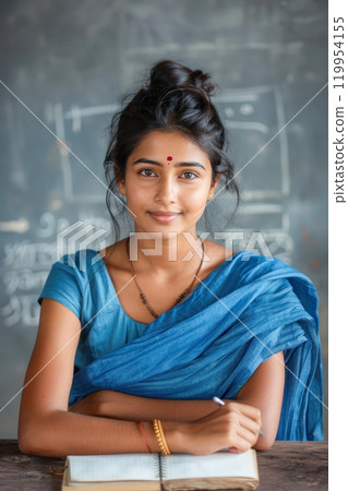 Confident Indian female student smiling in classroom with notebook 119954155
