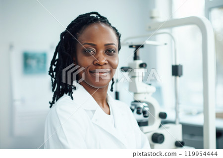 Confident ophthalmologist, black woman in clinic with diagnostic equipment 119954444