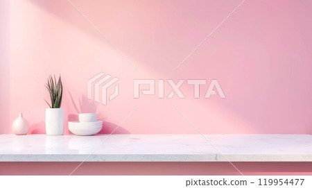 Elegant minimalist kitchen counter with pink backdrop 119954477