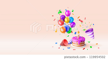 3D cake, balloon and popper with confetti 119954502