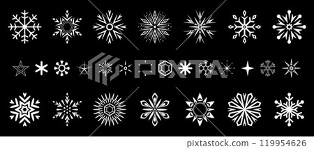 Snowflakes icon collection. Graphic modern black and white ornament. Snowflakes icon collection. Graphic modern black and white ornament. 119954626