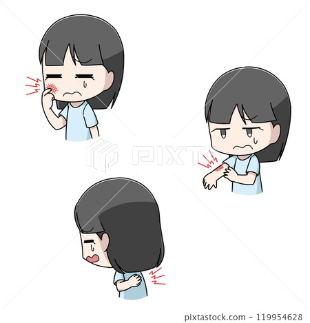 Three illustrations of girls with itchy bodies Three illustrations of girls with itchy bodies 119954628