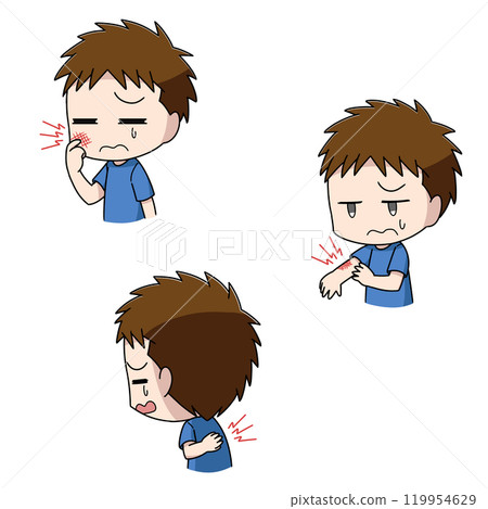 Three illustrations of boys with itchy bodies 119954629