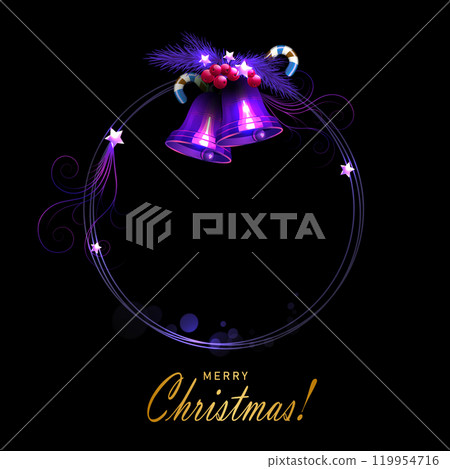 2025 Christmas round wreath of fir branches and bells in purple shade 119954716