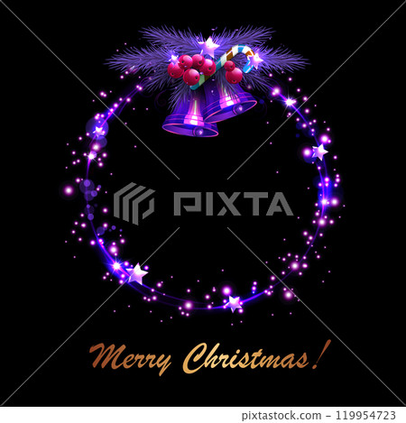 Design component. Christmas wreath of fir branches and bells in purple shade 119954723