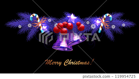 Design component. Christmas garland of fir branches and bells in purple Design component. Christmas garland of fir branches and bells in purple 119954725