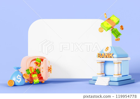 3d blank white card mockup with bank building, open door safe box with coin and cash deposit, money bag on purple background render. Whiteboard template with business and finance icon. 3D illustration 3d blank white card mockup with bank building, open door safe box with coin and cash deposit, money bag on purple background render. Whiteboard template with business and finance icon. 3D illustration 119954778