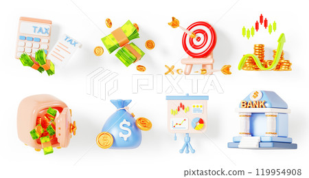 3d set of business and finance isolated render icon. Bank building exterior, money bag, safe box with coin and cash, arrow target, flip chart, growth graph, tax calculator, receipt. 3D illustration 119954908