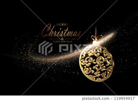 Merry Christmas. Isolated design element, gold glitter arc with retro Christmas tree toys 119954917