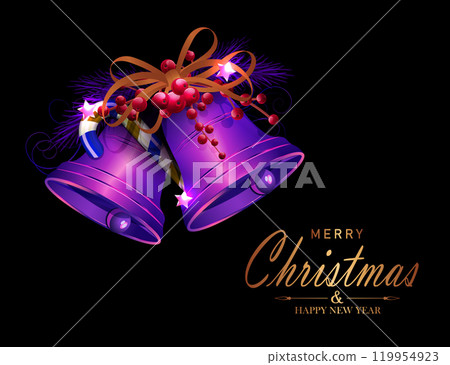 Isolated Christmas garland of fir branches and bells of purple gradient 119954923
