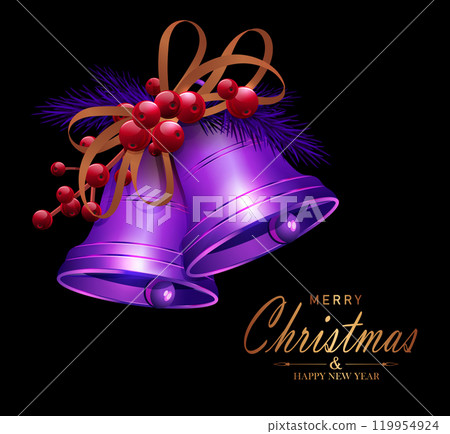 Isolated Christmas garland of fir branches and bells. Design component 119954924