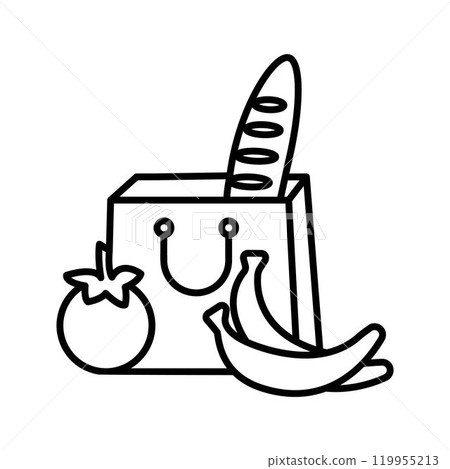 Paper bag with food loaf, vegetables, fruits, bottle, linear icon. Editable stroke 119955213