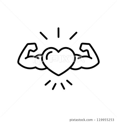 Strong heart, in line design. Cardiovascular, healthy, fitness, robust heart, heart health, endurance on white background vector. Strong heart, editable stroke icon. 119955253