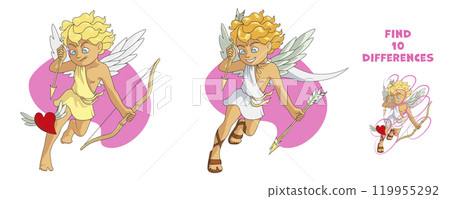Young Cupid takes aim at his victim. Find the differences puzzle game. Cartoon illustration of a fair-haired mischievous boy - a symbol of love. Attention task for school readiness or leisure Young Cupid takes aim at his victim. Find the differences puzzle game. Cartoon illustration of a fair-haired mischievous boy - a symbol of love. Attention task for school readiness or leisure 119955292